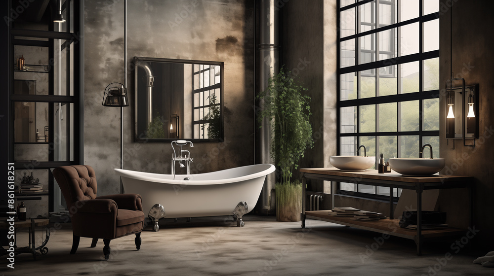 An industrial-themed bathroom with a clawfoot tub, metal-framed mirror, double sink vanity, large windows, and potted plants adding a touch of nature. An industrial-themed bathroom with a clawfoot tub, metal-framed mirror, double sink vanity, large windows, and potted plants adding a touch of nature.