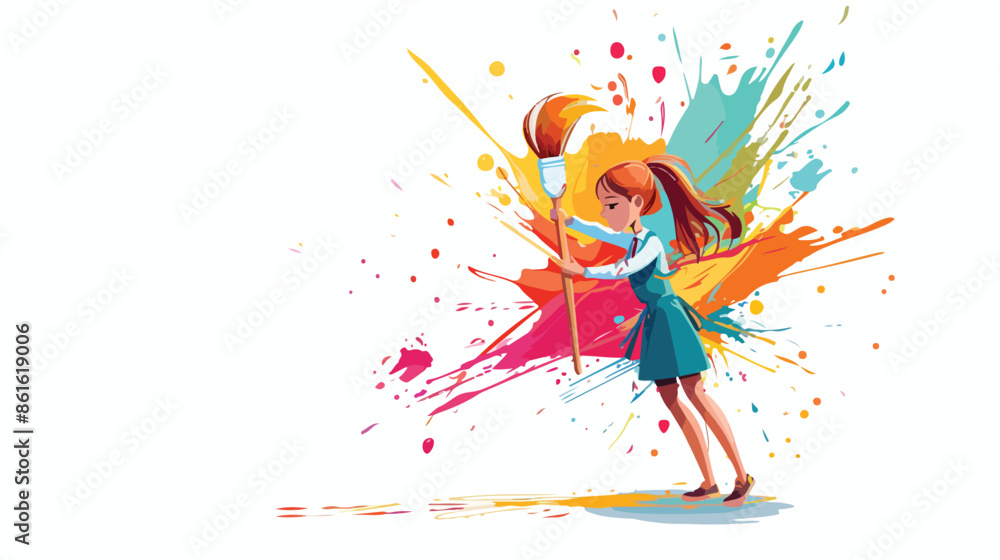 Obraz premium Schoolgirl Character Wields An Enormous Paintbrush He