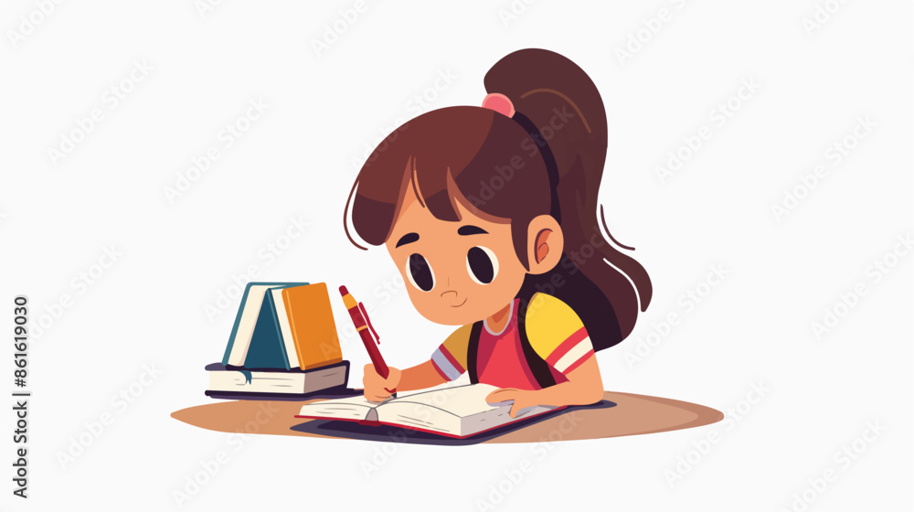 Schoolgirl Character Sitting at Desk Writing in Notebook Schoolgirl Character Sitting at Desk Writing in Notebook