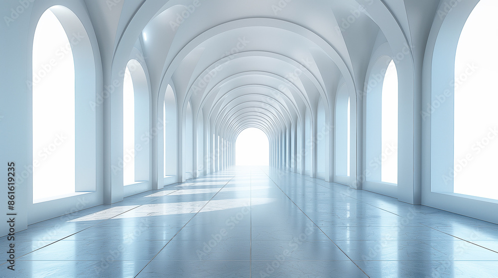 A luminous corridor with arched windows and smooth floors, flooded with bright natural light and open space. A luminous corridor with arched windows and smooth floors, flooded with bright natural light and open space.