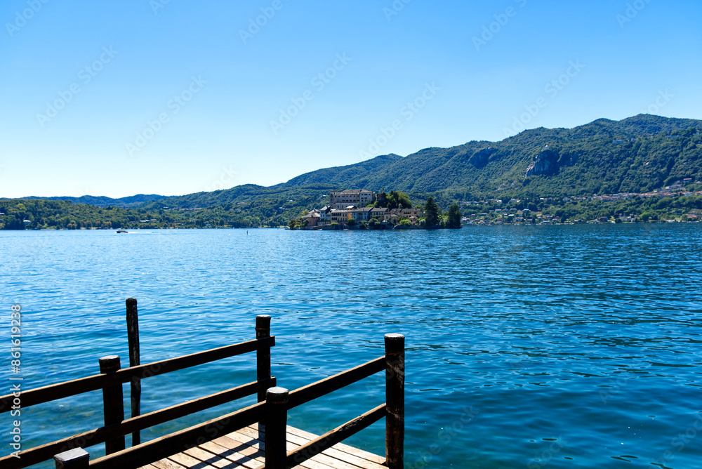 Isola San Giulio with its splendid bishop's church in Lake Orta, Italy Isola San Giulio with its splendid bishop's church in Lake Orta, Italy