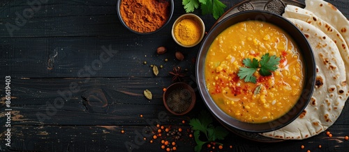 Traditional Indian lentil soup (Masoor Dal or Dal Tadka Curry) served with homemade Chapati on rustic black wood background, accompanied by spices and herbs in a bowl with copy space image. photo