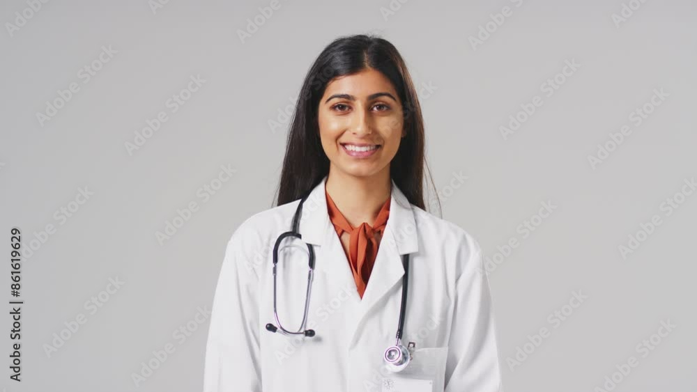 Studio portrait of smiling young female doctor with stethoscope wearing white coat against plain background - shot in slow motion Studio portrait of smiling young female doctor with stethoscope wearing white coat against plain background - shot in slow motion