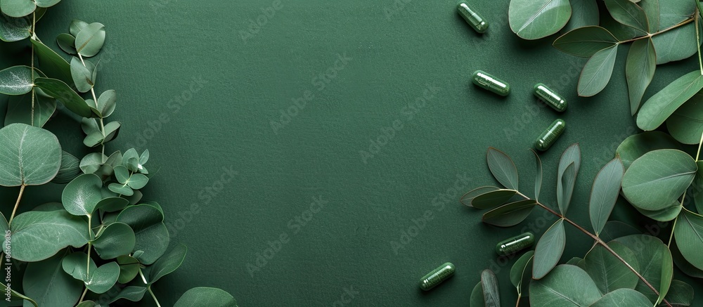 Eucalyptus capsules over green background with copy space. Prevention and health concept. Alternative medicine. Copy space image. Place for adding text or design Eucalyptus capsules over green background with copy space. Prevention and health concept. Alternative medicine. Copy space image. Place for adding text or design