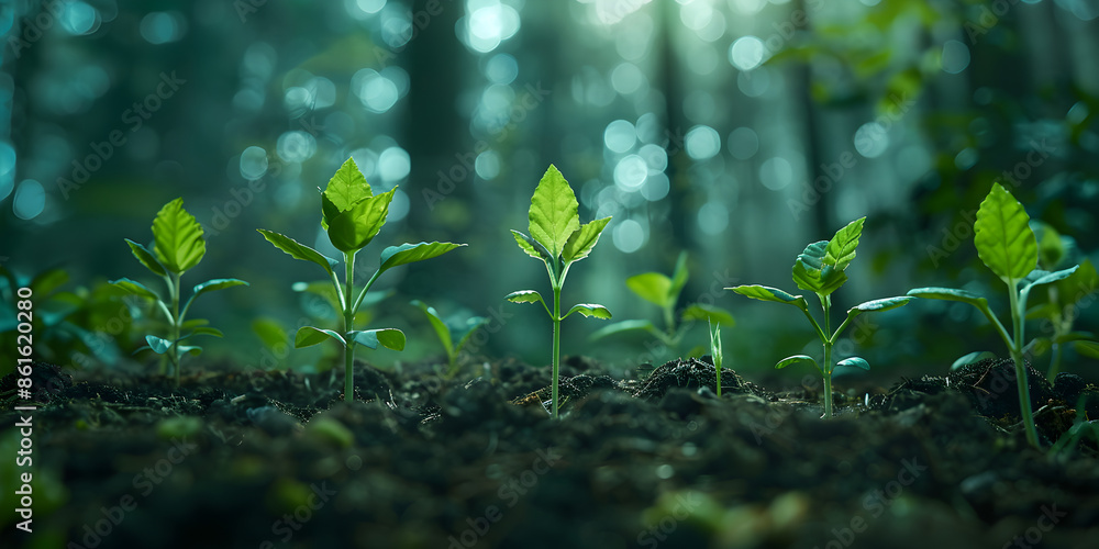 Young Plants Growing in a Lush Forest Environment with Rays of Sunlight Filtering Through the Canopy Young Plants Growing in a Lush Forest Environment with Rays of Sunlight Filtering Through the Canopy