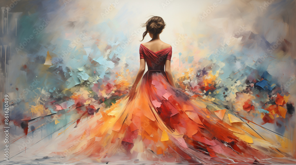 A woman in a vibrant dress stands amidst a whirlwind of colorful abstract elements, creating a dynamic and expressive scene. A woman in a vibrant dress stands amidst a whirlwind of colorful abstract elements, creating a dynamic and expressive scene.