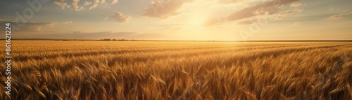 Scenic golden wheat field illuminated by a warm sunset, leading to a serene and tranquil horizon under a partly cloudy sky.