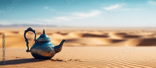 Teapot and cup placed in the Sahara desert's Grand Sand Sea with a blurred background, allowing for a prominent copy space image. photo