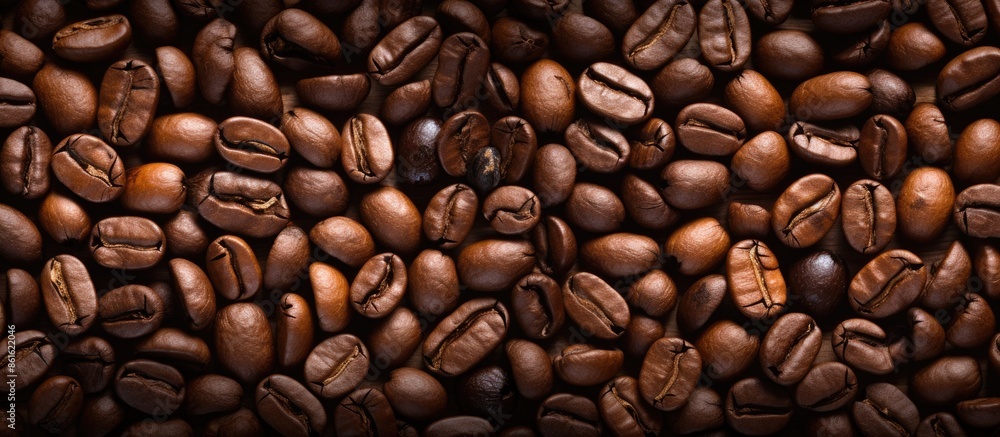 Obraz premium Background and texture of roasted coffee beans in a copy space image.
