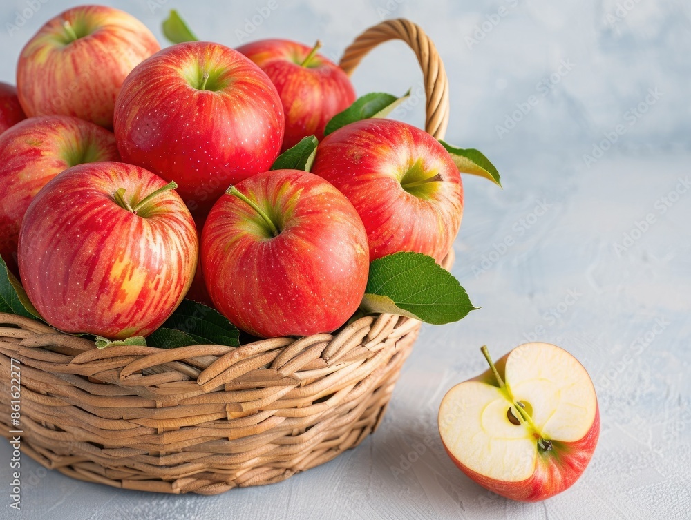 Basket of fresh red apples with green leaves and a sliced apple on a light background. Perfect for healthy eating themes. Basket of fresh red apples with green leaves and a sliced apple on a light background. Perfect for healthy eating themes.