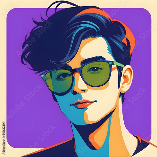 Cool Sunglasses Man: A stylish and modern man wearing sunglasses, vibrant colors, and a cool, calm expression in a contemporary graphic style.  