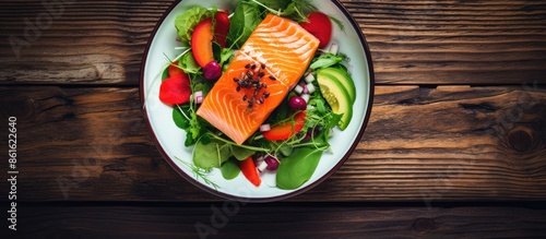 Fresh salmon salad displaye...