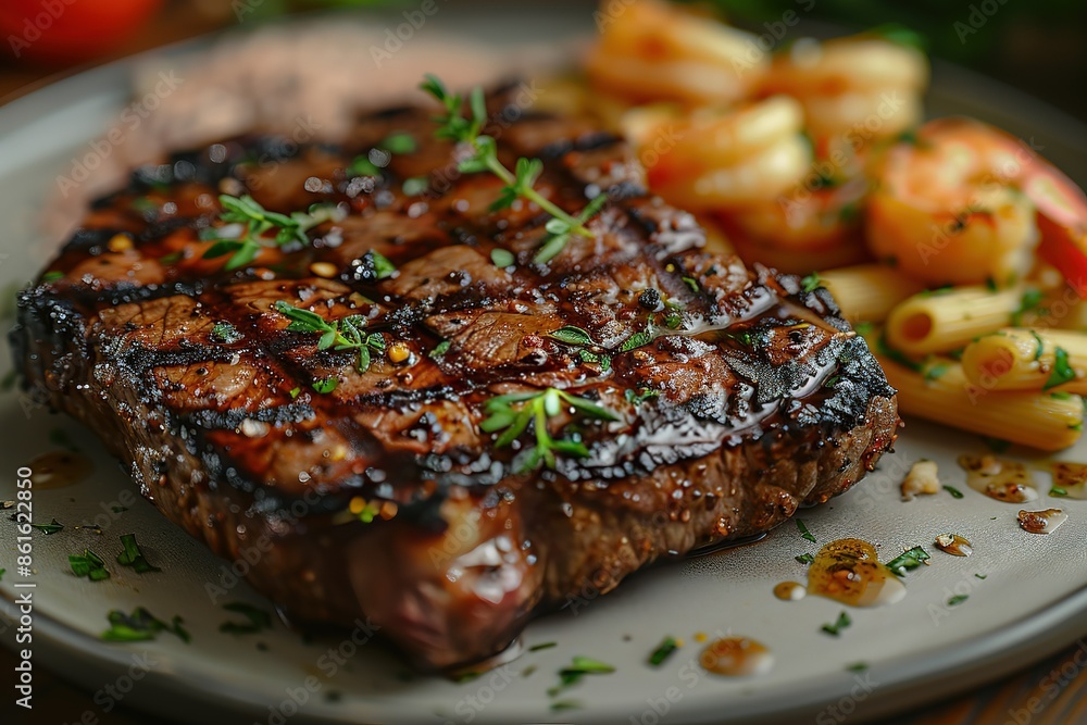 A steak is served with pasta and shrimp A steak is served with pasta and shrimp
