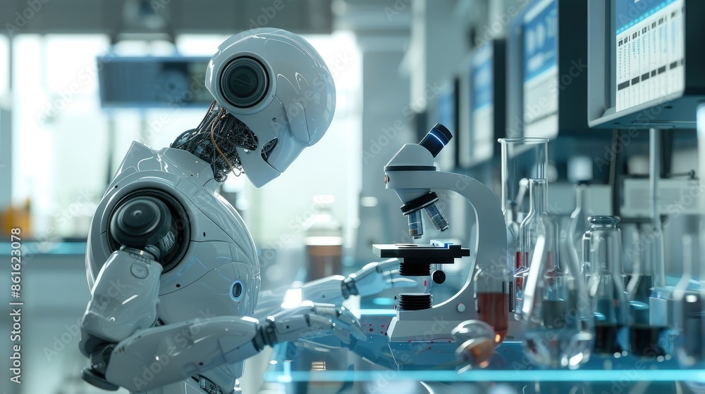 A humanoid robot in a next-gen laboratory examining samples with a microscope, future-oriented scientific research using smart robotics, 3D rendering AI generated A humanoid robot in a next-gen laboratory examining samples with a microscope, future-oriented scientific research using smart robotics, 3D rendering AI generated