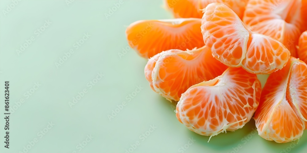 Displaying the Natural Beauty of Tangerine Segments on a Pastel Green Background. Concept Fruit Photography, Food Styling, Citrus Art, Minimalist Design Displaying the Natural Beauty of Tangerine Segments on a Pastel Green Background. Concept Fruit Photography, Food Styling, Citrus Art, Minimalist Design
