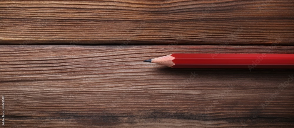 Obraz premium A red sharpened pencil, crafted with a folding knife, stands on a wooden background, providing a clear copy space image.