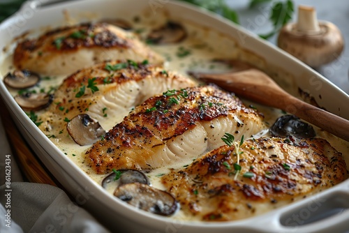 A white dish with chicken and mushrooms photo