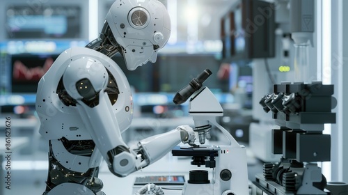 A humanoid robot performing precise microscope work in an ultra-modern laboratory, blending AI and robotics for advanced scientific research, 3D rendering AI generated