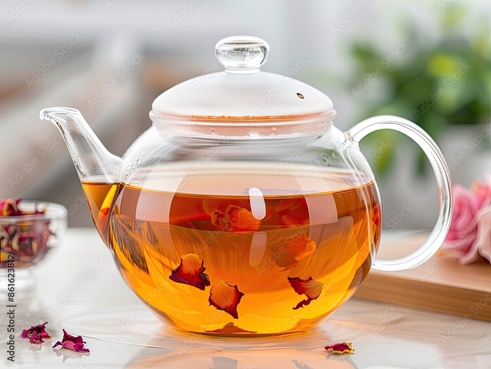 Glass teapot with brewed floral tea on the table, surrounded by petals, in a cozy kitchen setting. Glass teapot with brewed floral tea on the table, surrounded by petals, in a cozy kitchen setting.