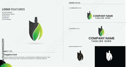Green colorful Shovel logo design art. Shovel with leaf vector. Garden cleaning logo.Tree. Natural. landscaping logo design. Green gradient color. Lawn care logo.