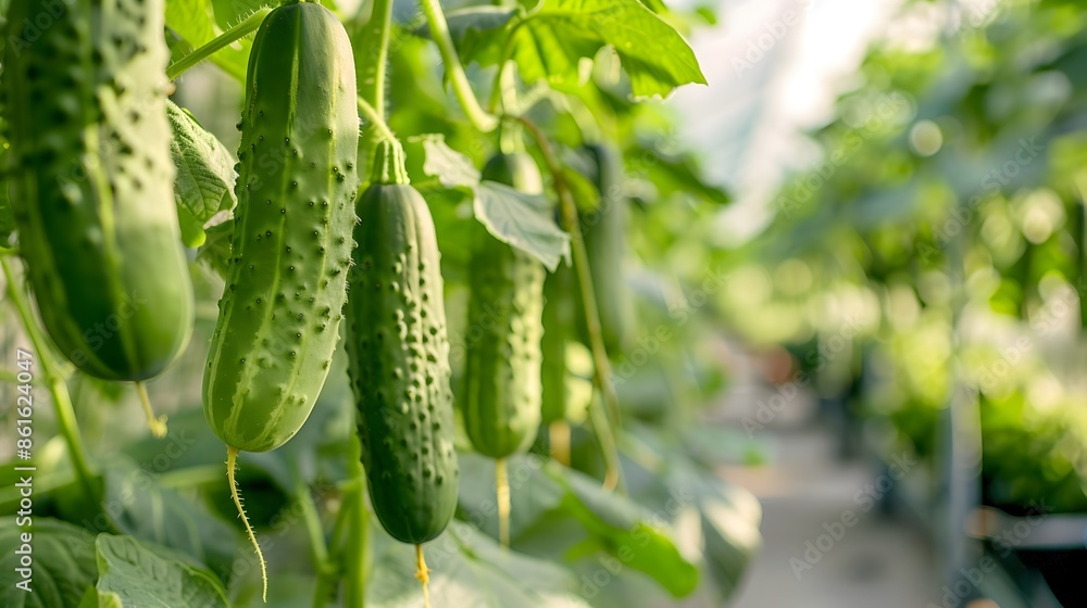 Close-up of fresh organic cucumbers growing on the vine in a lush green garden Close-up of fresh organic cucumbers growing on the vine in a lush green garden