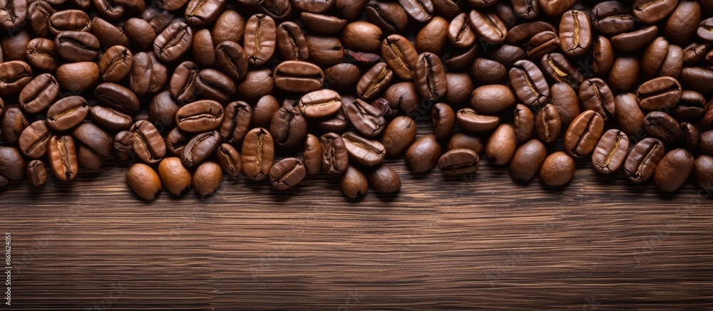 Top-down view of coffee beans on a wood surface with space for text. with copy space image. Place for adding text or design Top-down view of coffee beans on a wood surface with space for text. with copy space image. Place for adding text or design