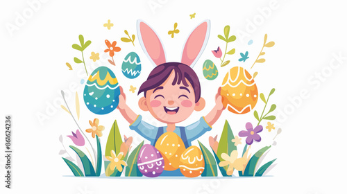 Spring Easter Landing Page Template. Child in Rabbit
