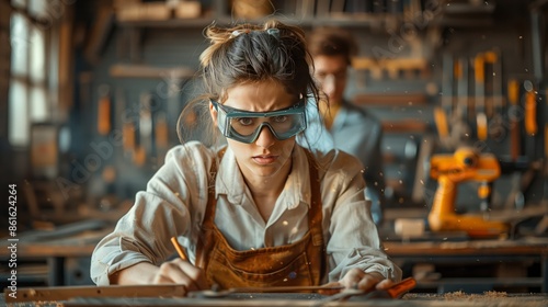 A student works on a woodworking project in the school workshop, their face a picture of concentration, wearing safety goggles and an apron, the room filled with the scent of fresh