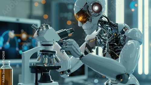 A humanoid robot working meticulously with a microscope in a futuristic laboratory, scientific experiments driven by advanced artificial intelligence, 3D rendering, AI generated