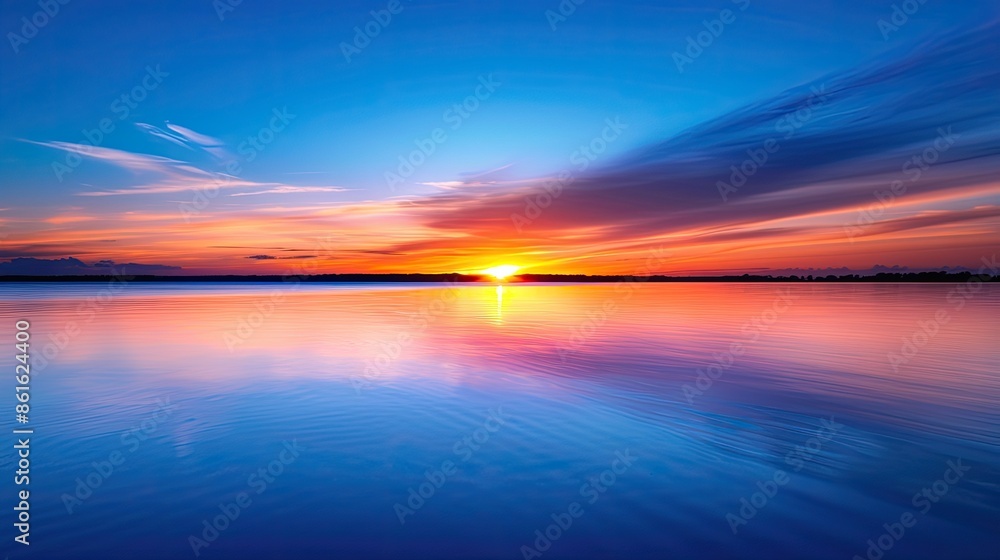Stunning sunset over calm lake reflecting vibrant colors in the sky with serene and peaceful atmosphere. Stunning sunset over calm lake reflecting vibrant colors in the sky with serene and peaceful atmosphere.