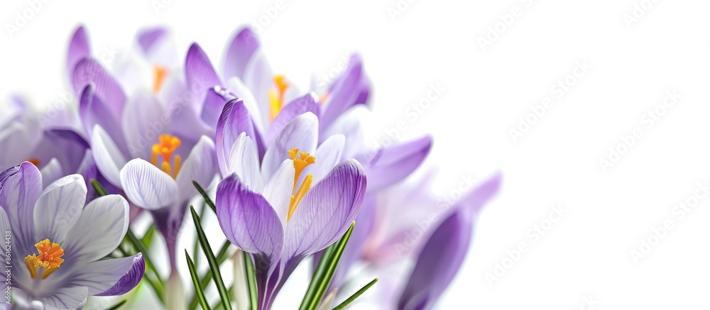 Fresh spring flowers like a crocus flower set against a white background, ideal for a copy space image.