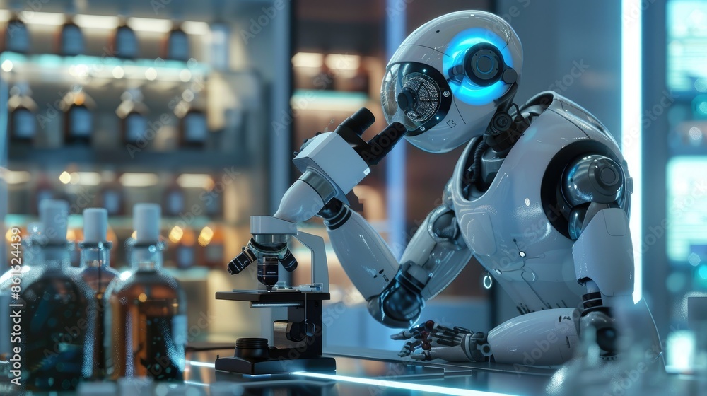 A humanoid robot working with a microscope in a futuristic lab, advanced AI-driven scientific experiments, 3D rendering, AI generated A humanoid robot working with a microscope in a futuristic lab, advanced AI-driven scientific experiments, 3D rendering, AI generated
