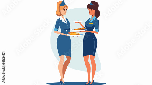 Stewardess in Blue Uniform with Meals on Tray Serving