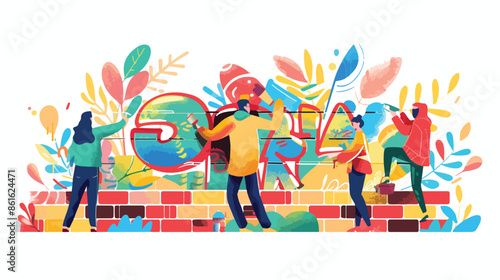 Street Artist Teenager Characters Painting Graffiti 