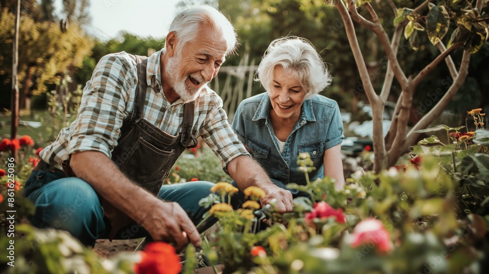 custom made wallpaper toronto digitalSenior couple gardening together, smiling and enjoying an outdoor activity surrounded by beautiful flowers and greenery.