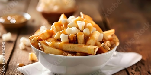 The Canadian Dish of Poutine Fries Topped with Cheese Curds and Gravy. Concept Canadian Cuisine, Poutine Recipes, Cheese Curds, Gravy Dishes, Comfort Food photo