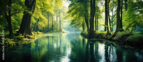 A serene lake surrounded by...