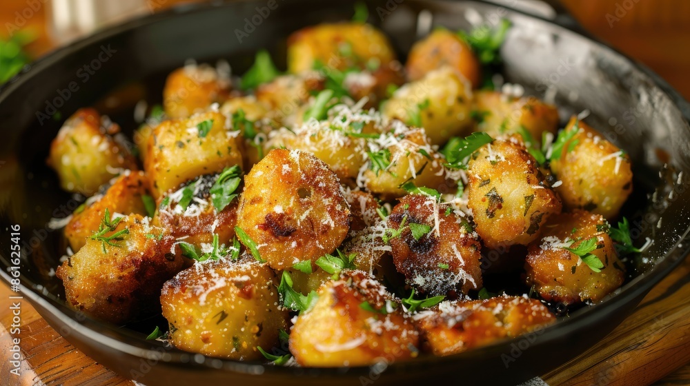 A gourmet dish of crispy potato gnocchi, lightly fried and topped with herbs and cheese A gourmet dish of crispy potato gnocchi, lightly fried and topped with herbs and cheese