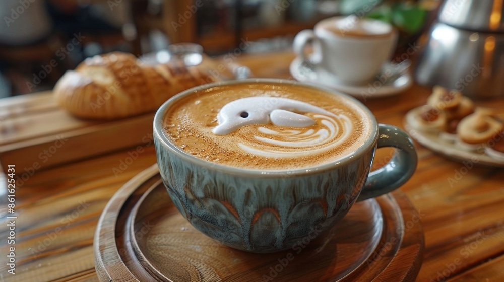 Intricately crafted latte art in a cafe setting, featuring a dolphin design in the foam atop a cappuccino, with pastries and bread on a wooden table. Intricately crafted latte art in a cafe setting, featuring a dolphin design in the foam atop a cappuccino, with pastries and bread on a wooden table.