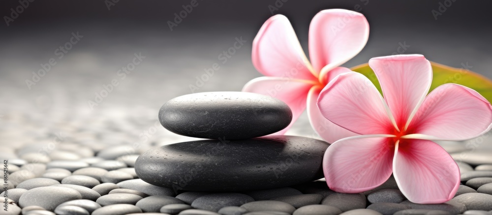 Zen stones and two pink frangipani flowers set on a mat background with copy space image. Zen stones and two pink frangipani flowers set on a mat background with copy space image.