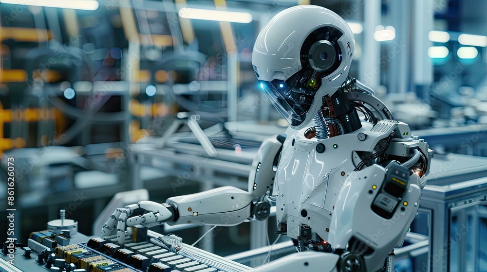 A humanoid robot assembling electronic components in a high-tech manufacturing facility A humanoid robot assembling electronic components in a high-tech manufacturing facility