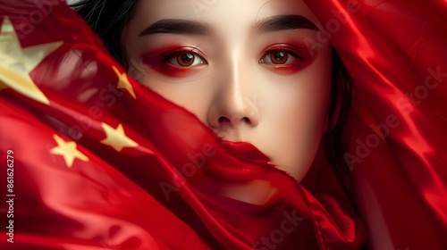 Mysterious Chinese Woman Draped in Red Flag,Symbolizing Cultural Allure and Patriotic Emotion © pkproject