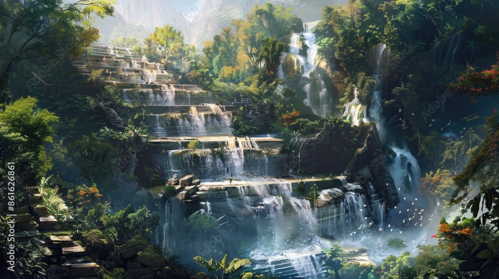 Obraz premium A multi-tiered waterfall flowing through a series of rocky steps, surrounded by dense jungle and vibrant wildlife