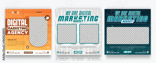 Business marketing agency social media post design template .Editable square banner design with place for the photo.