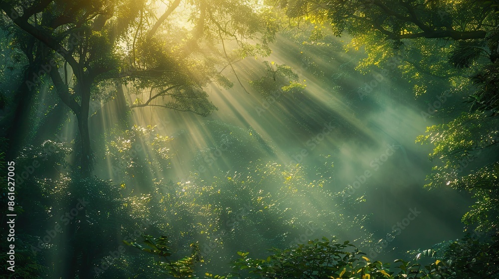 Obraz premium A panoramic view of a dense, lush green forest with sunlight streaming through the treetops, creating a serene and magical atmosphere