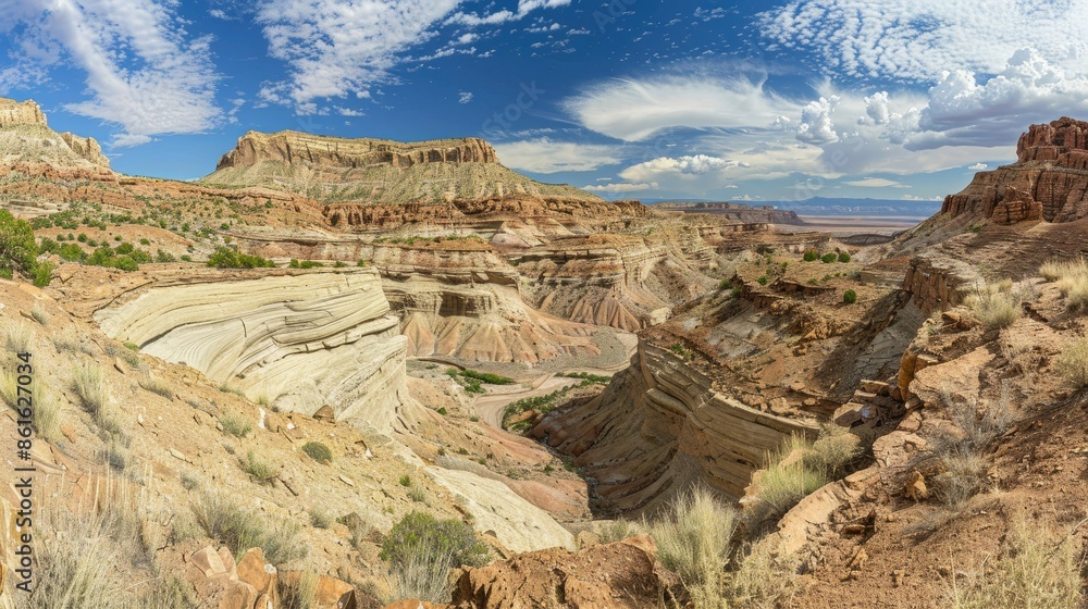 Fototapeta premium A panoramic view of a desert canyon, carved by wind and water over millennia, with layered rock formations and sparse vegetation