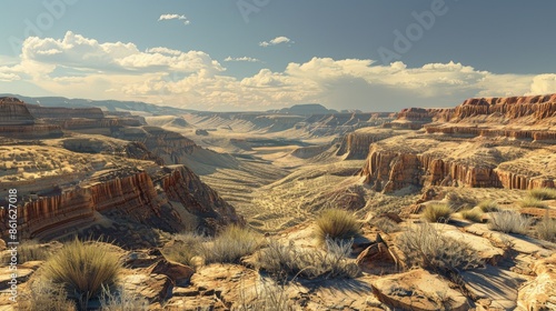 A panoramic view of a desert canyon, carved by wind and water over millennia, with layered rock formations and sparse vegetation photo