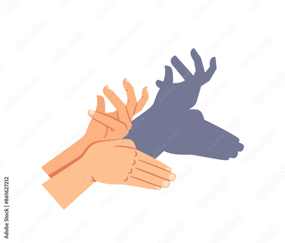 Obraz premium Hands Creating A Deer Or Moose Head Shadow Puppet On White Wall. Illustration Depicts The Creativity And Fun Of Shadow