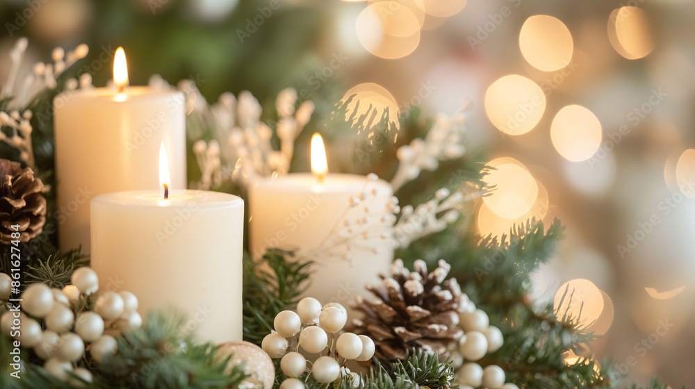 Three lit candles with Christmas decorations, including pine cones, berries, and evergreen branches, creating a cozy and festive holiday atmosphere. Three lit candles with Christmas decorations, including pine cones, berries, and evergreen branches, creating a cozy and festive holiday atmosphere.