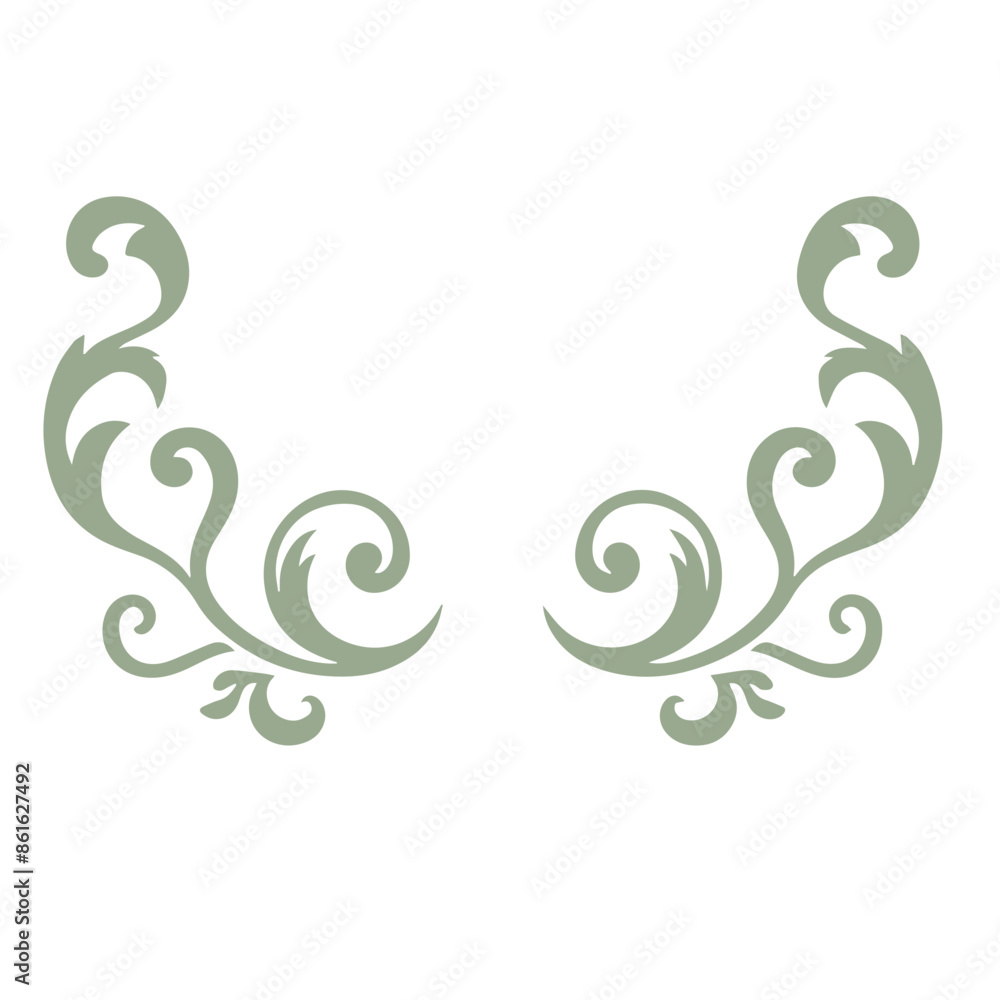 A pair of green swirling floral or leaf-like designs, symmetrically arranged on a white background A pair of green swirling floral or leaf-like designs, symmetrically arranged on a white background
